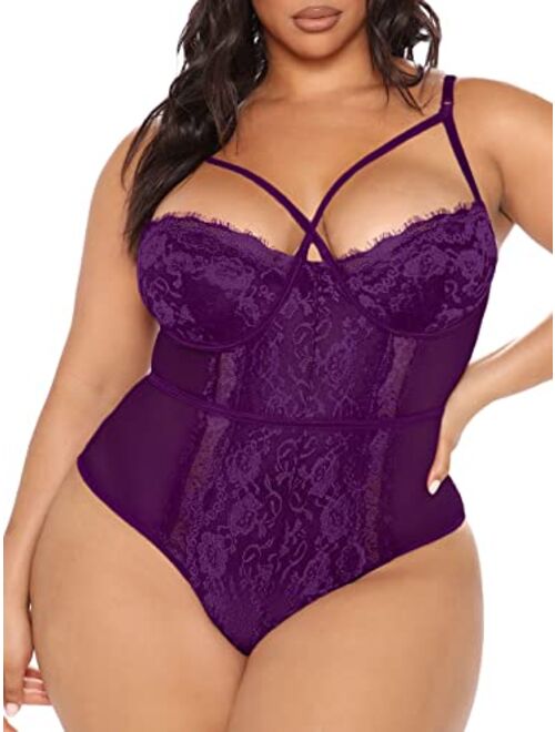 Kaei&Shi Plus Size Lingerie For Women,Sheer Lace Sexy V Neck Bodysuit,Eyelash One Piece Floral Teddy Valentine