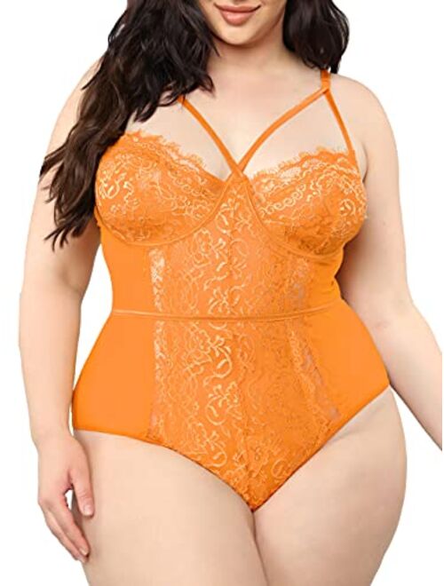 Kaei&Shi Plus Size Lingerie For Women,Sheer Lace Sexy V Neck Bodysuit,Eyelash One Piece Floral Teddy Valentine