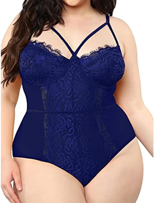 Kaei&Shi Plus Size Lingerie For Women,Sheer Lace Sexy V Neck Bodysuit,Eyelash One Piece Floral Teddy Valentine