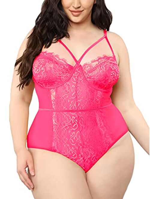 Kaei&Shi Plus Size Lingerie For Women,Sheer Lace Sexy V Neck Bodysuit,Eyelash One Piece Floral Teddy Valentine