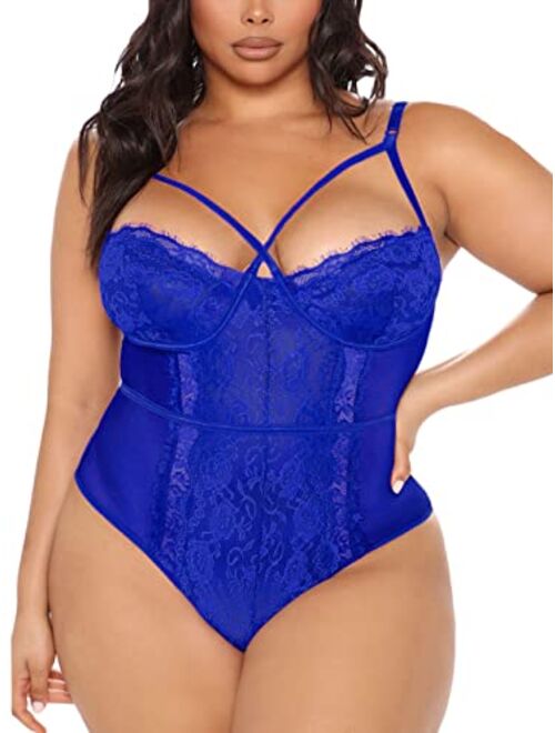 Kaei&Shi Plus Size Lingerie For Women,Sheer Lace Sexy V Neck Bodysuit,Eyelash One Piece Floral Teddy Valentine