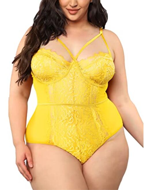 Kaei&Shi Plus Size Lingerie For Women,Sheer Lace Sexy V Neck Bodysuit,Eyelash One Piece Floral Teddy Valentine