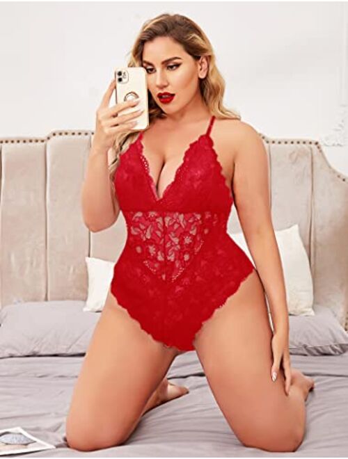 ELOVER Lingerie for Women Plus Size Lace Teddy Lingerie Bodysuit One Piece Babydoll