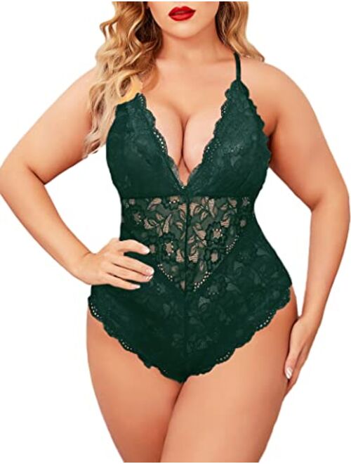 ELOVER Lingerie for Women Plus Size Lace Teddy Lingerie Bodysuit One Piece Babydoll