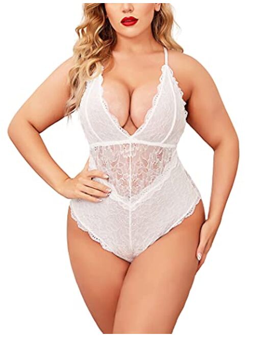 ELOVER Lingerie for Women Plus Size Lace Teddy Lingerie Bodysuit One Piece Babydoll