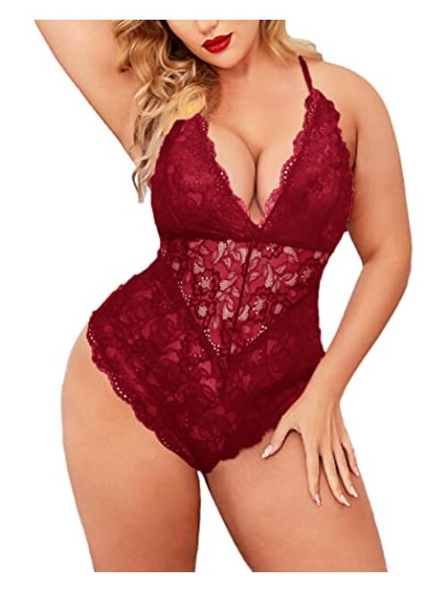 ELOVER Lingerie for Women Plus Size Lace Teddy Lingerie Bodysuit One Piece Babydoll