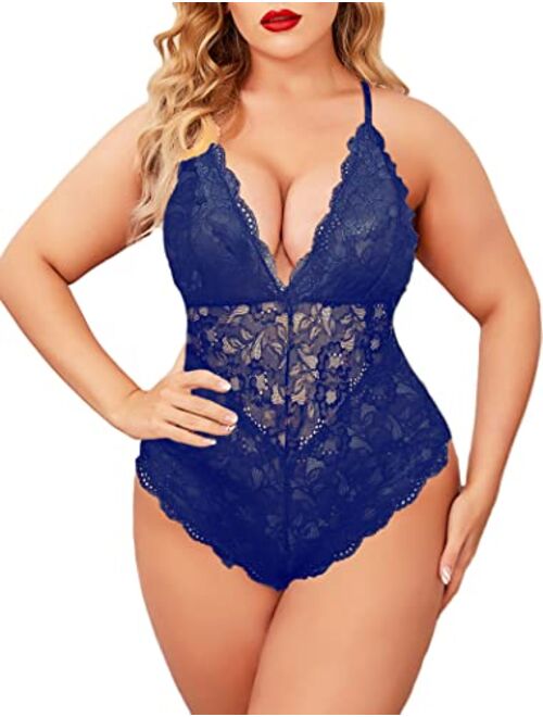 ELOVER Lingerie for Women Plus Size Lace Teddy Lingerie Bodysuit One Piece Babydoll