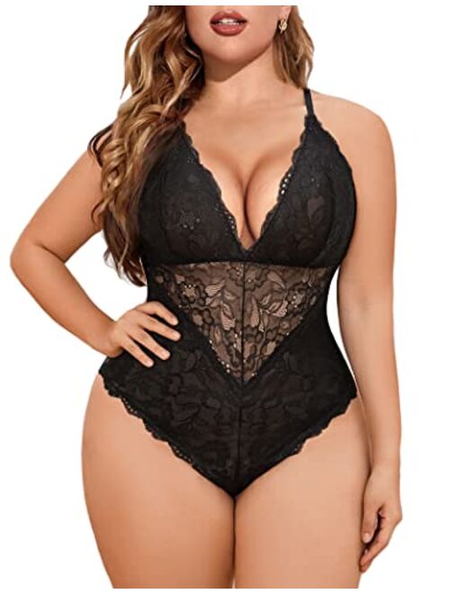 ELOVER Lingerie for Women Plus Size Lace Teddy Lingerie Bodysuit One Piece Babydoll