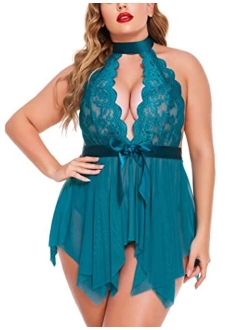 Plus Size Babydoll for Women High Waist Teddy Chemise Floral Lace Lingerie