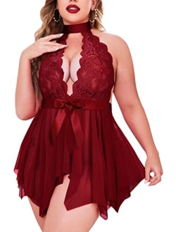 Plus Size Babydoll for Women High Waist Teddy Chemise Floral Lace Lingerie