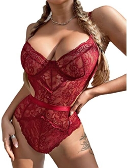 SIREEY Women One Piece Lingerie Deep V Teddy Sexy Lace Bodysuit Halter S-XXL