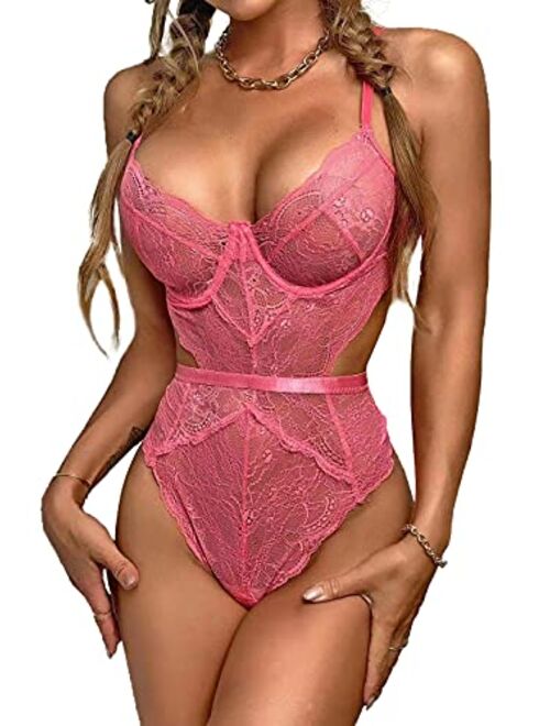 SIREEY Women One Piece Lingerie Deep V Teddy Sexy Lace Bodysuit Halter S-XXL