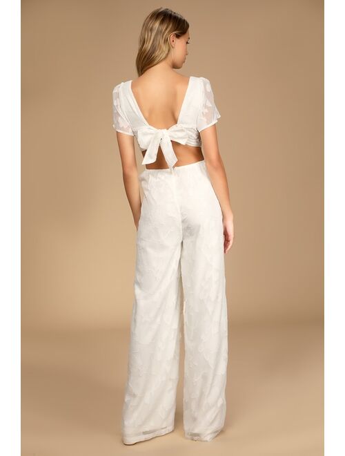 Lulus Romantic Desire Ivory Floral Burnout Tie-Back Jumpsuit