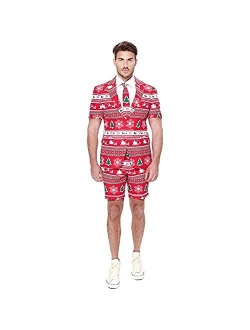 Christmas Print Suit |Slim Fit |Short Sleeved Blazer Jacket, Shorts & Tie