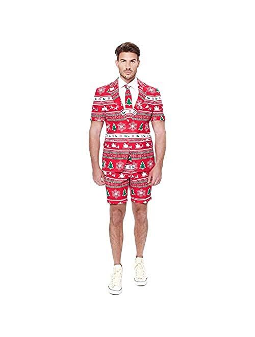 Opposuits Christmas Print Suit |Slim Fit |Short Sleeved Blazer Jacket, Shorts & Tie