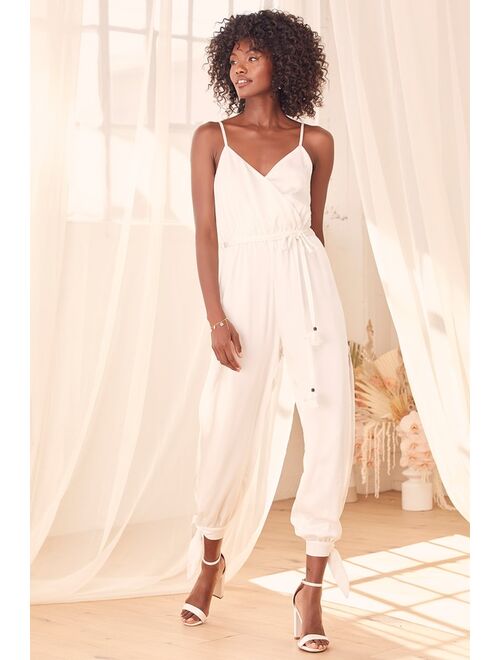 Lulus Lovely As Can Be White Satin Surplice Jumpsuit