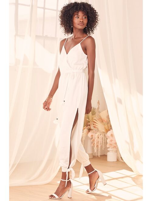 Lulus Lovely As Can Be White Satin Surplice Jumpsuit