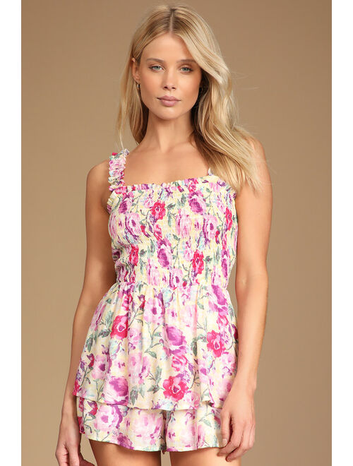 Lulus Remind Me of Romance Yellow Floral Ruffled Smocked Romper