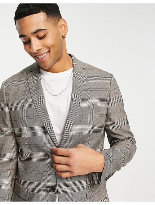 Selected Homme slim fit suit jacket in brown check