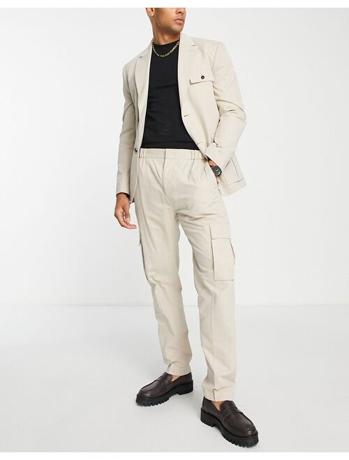 Topman utility smart cargo suit pants in ecru