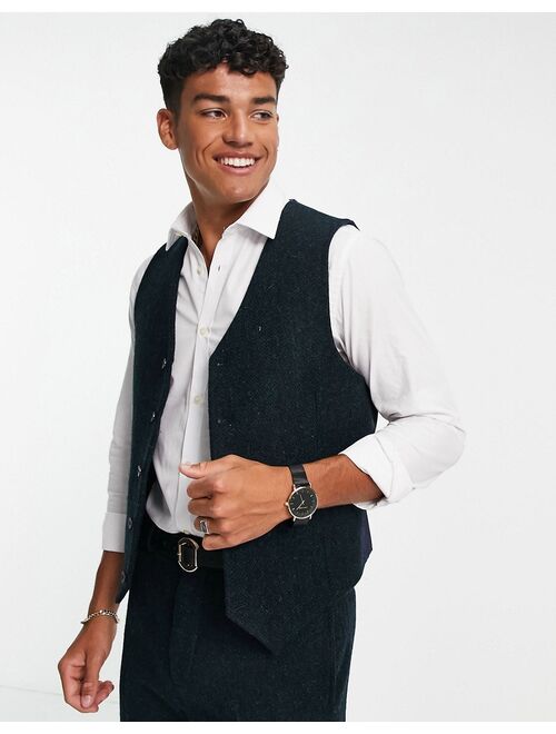 ASOS DESIGN slim suit vest in 100% wool harris tweed in forest green