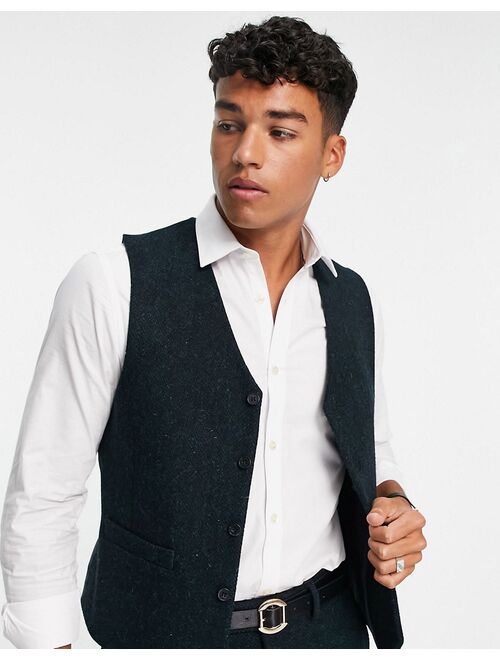 ASOS DESIGN slim suit vest in 100% wool harris tweed in forest green