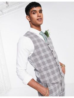 skinny wool mix suit vest in gray tartan plaid