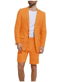 Wangyue Men's Linen 2 Piece Suits Set Blazer Short Pants Slim Fit Casual Summer Beach Suit