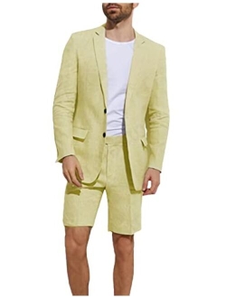 Wangyue Men's Linen 2 Piece Suits Set Blazer Short Pants Slim Fit Casual Summer Beach Suit