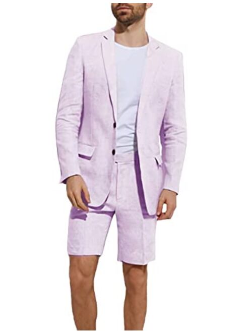 Wangyue Men's Linen 2 Piece Suits Set Blazer Short Pants Slim Fit Casual Summer Beach Suit