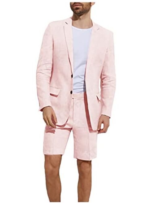 Wangyue Men's Linen 2 Piece Suits Set Blazer Short Pants Slim Fit Casual Summer Beach Suit