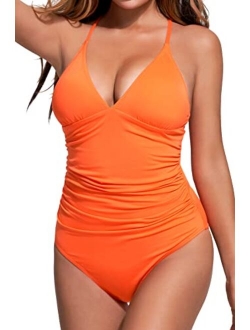 Beautikini One Piece Women's Swimsuit V Neck High Cut Swimwear Tummy Control Ruched Slimming Bathing Suit