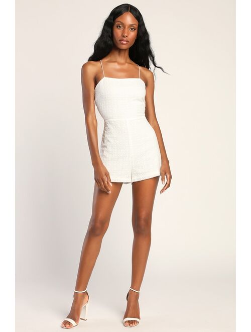 Lulus Fun and Playful White Eyelet Lace Sleeveless Tie-Back Romper