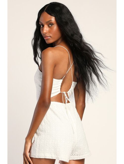 Lulus Fun and Playful White Eyelet Lace Sleeveless Tie-Back Romper