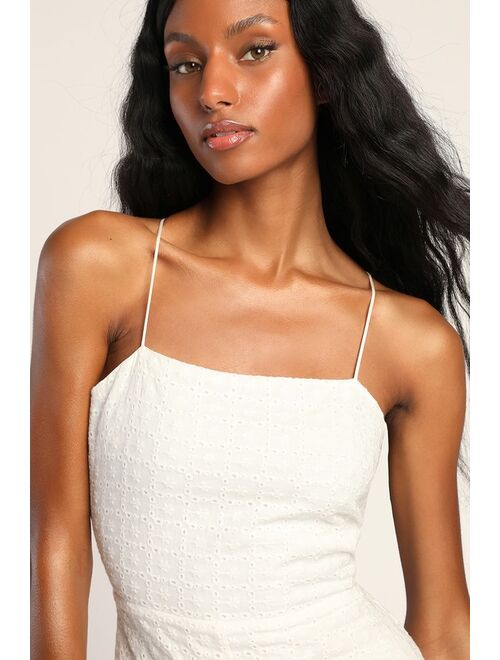 Lulus Fun and Playful White Eyelet Lace Sleeveless Tie-Back Romper