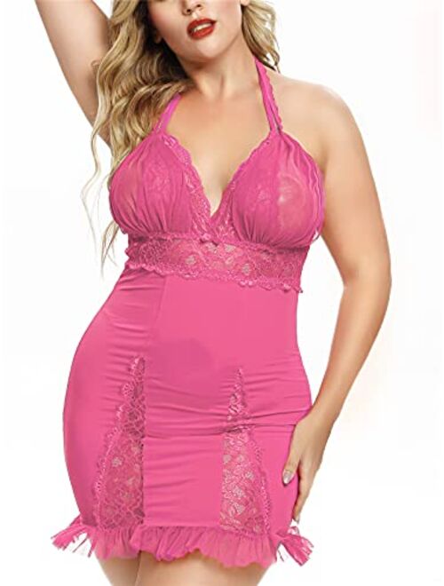 Eppido Women's Sexy Plus Size Lingerie Halter Cross straps Babydoll Lace Trim Chemise Sleepwear