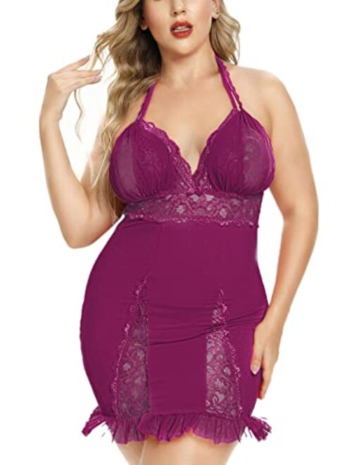 Eppido Women's Sexy Plus Size Lingerie Halter Cross straps Babydoll Lace Trim Chemise Sleepwear