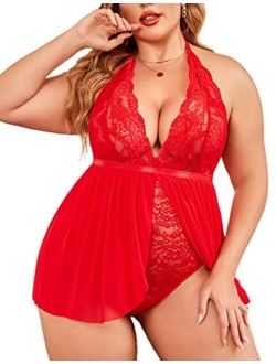 Plus Size Babydoll Womens Lingerie Snap Crotch Lace Nighty Halter Plunging Mesh Sleepwear 14-24W