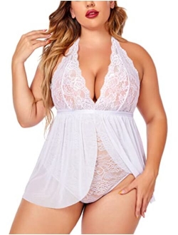 Plus Size Babydoll Womens Lingerie Snap Crotch Lace Nighty Halter Plunging Mesh Sleepwear 14-24W