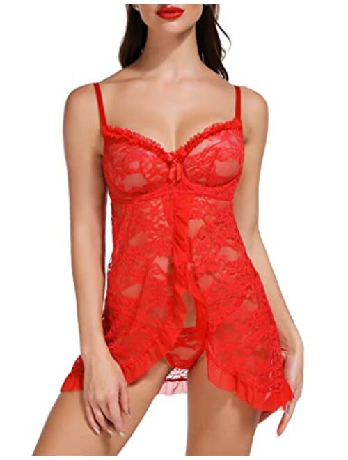 ADOME Women Babydoll Lingerie With Underwire Lace Chemise Sleepwear Bridal Lingerie Dress