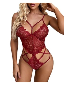 Donnalla Women Sexy Lingerie Cut Out Lace Bodysuit Strappy Deep V Teddy One Piece Lingerie