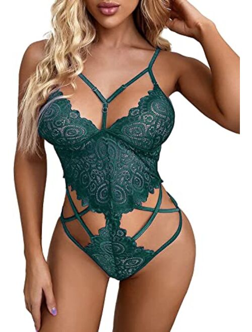 Donnalla Women Sexy Lingerie Cut Out Lace Bodysuit Strappy Deep V Teddy One Piece Lingerie