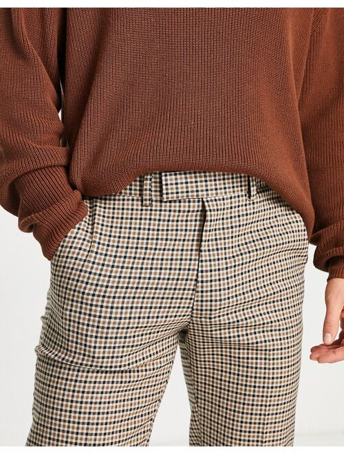 ASOS DESIGN slim smart pants with micro plaid in brown