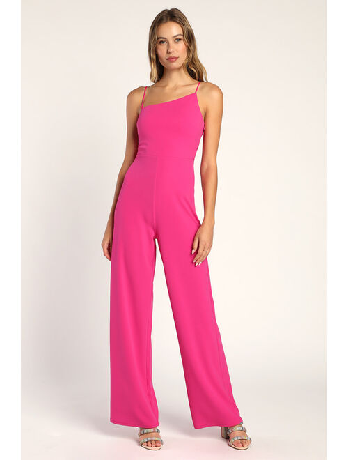 Lulus Posh Partier Hot Pink Asymmetrical Wide-Leg Jumpsuit