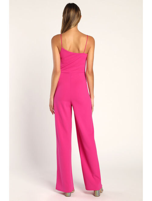 Lulus Posh Partier Hot Pink Asymmetrical Wide-Leg Jumpsuit