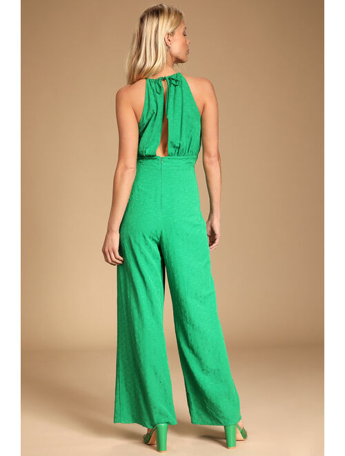 Lulus Style That Wows Green Floral Jacquard Wide-Leg Jumpsuit