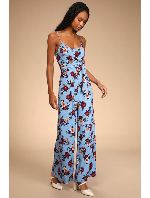 Lulus Day in Paradise Periwinkle Floral Print Tie-Front Jumpsuit