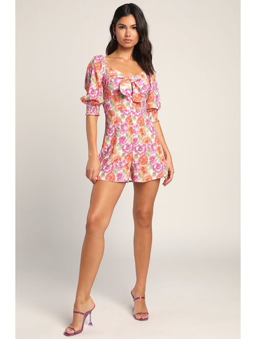 LUSH Flower Forever Multi Floral Short Sleeve Tie-Front Romper