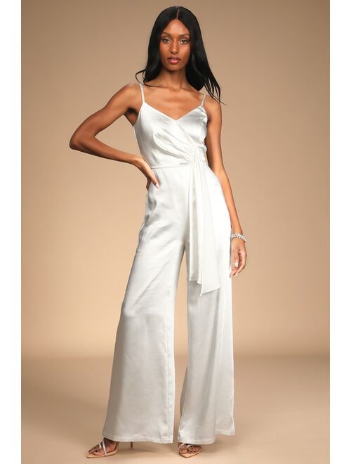 Lulus Romantic Expectations Ivory Satin Wide-Leg Jumpsuit