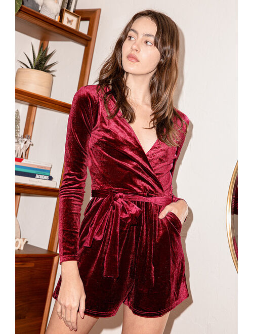 Lulus Romantic Moves Burgundy Velvet Long Sleeve Romper